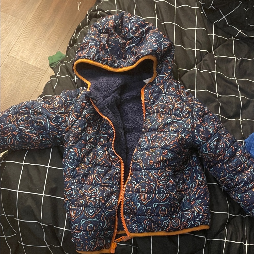 Carter's Navy Bear-Print Hooded Puffer Jacket with Orange Trim